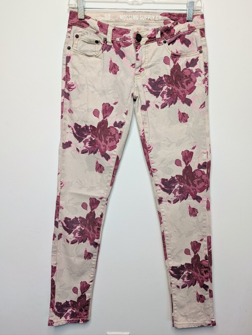Y2K Ultra Low Rise White & Purple Floral Stretch Denim Skinny Jeans